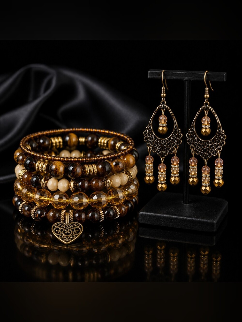 Golden Autumn Elegance-Wrap Bracelet Set with Earings-New-Hand Crafted